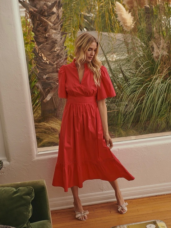 Sugarlips Dresses & Skirts - Sugarlips Vibrant Pink Eyelet-Trim Midi Dress Camden Poplin Midi Dress